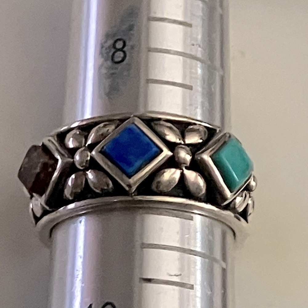 Silver unlimited wide band sterling silver ring, garnet, turquoise, lapis gems